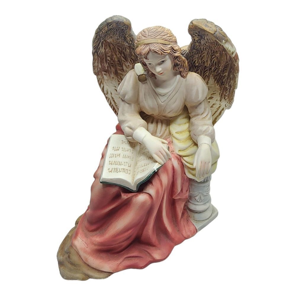 O'Well Porcelain Angel Reading Bible Seated on Bench, 8 3/4" Tall